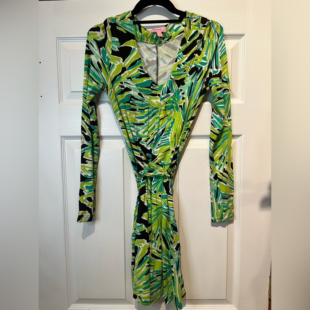 Lilly Pulitzer Green Black White Leaf-Print Long Sleeve Wrap Dress